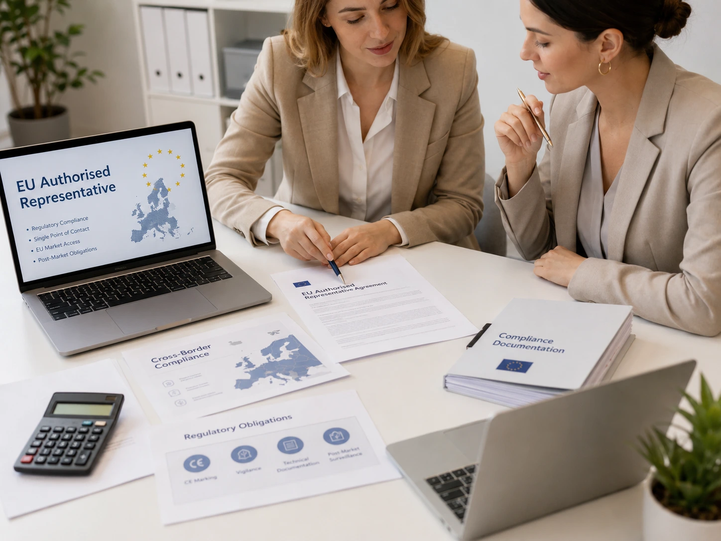 Consultants reviewing EU Authorised Representative agreement and compliance documentation