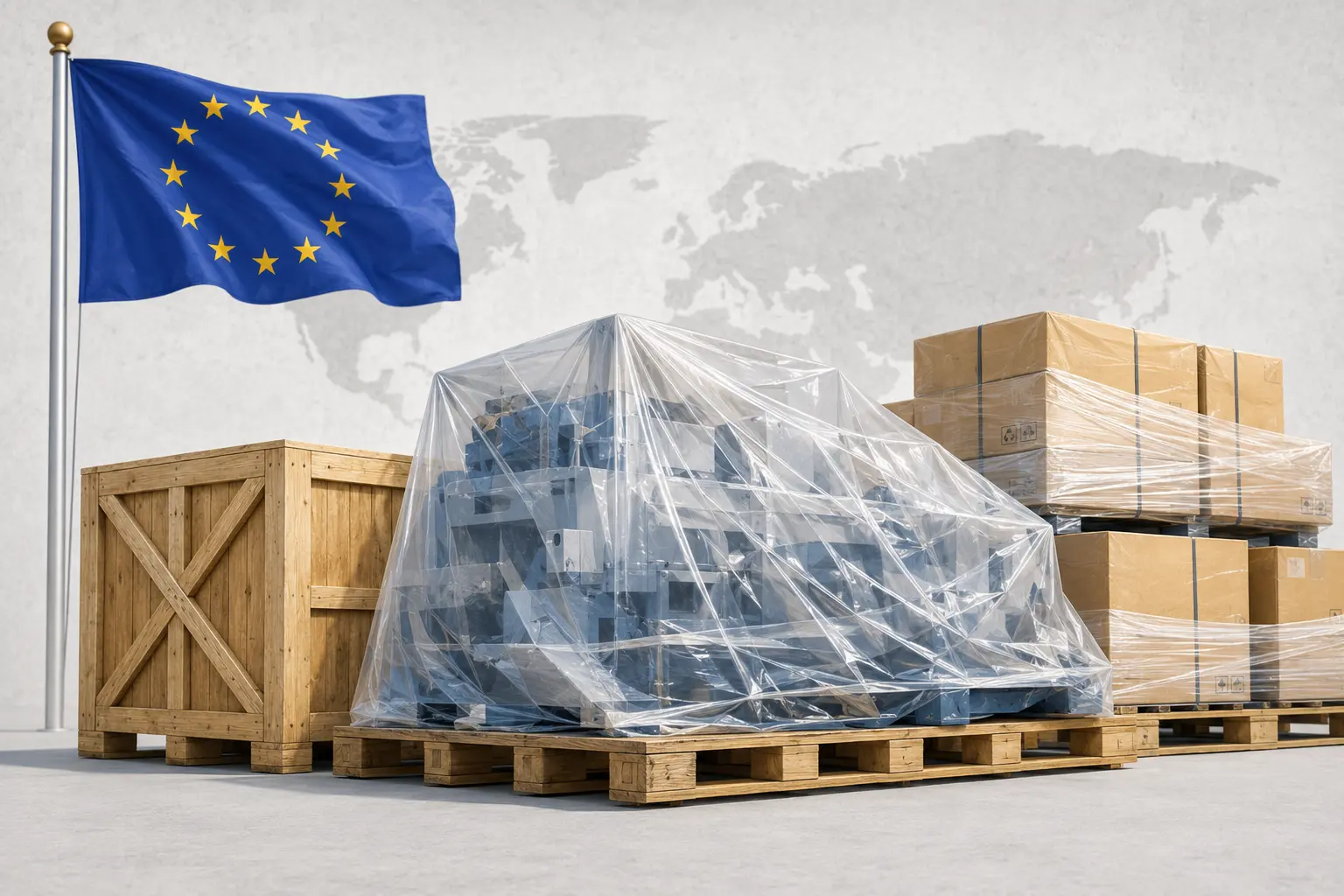 Packaged goods on pallets with EU flag representing PPWR compliance